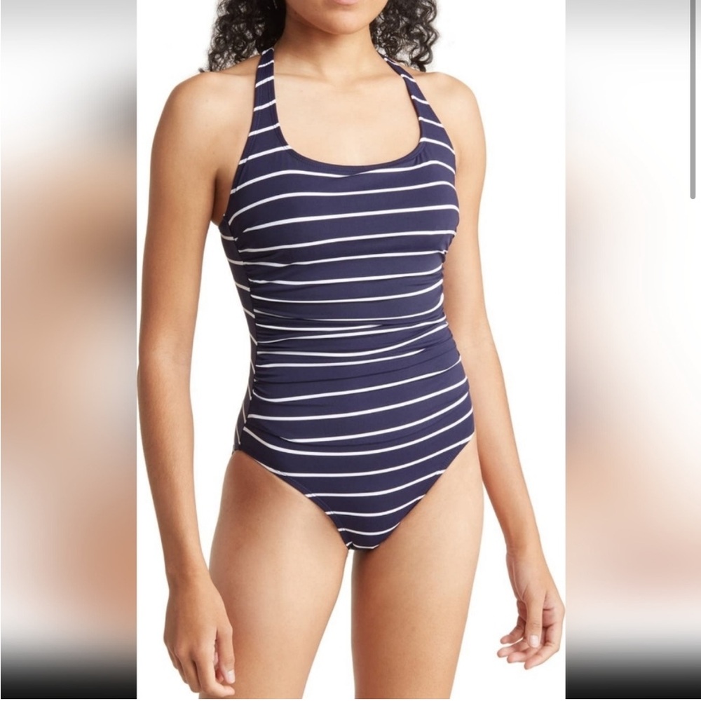 NWT Nautica Striped One Piece Swimsuit M Blue White Nautical Ruched Preppy